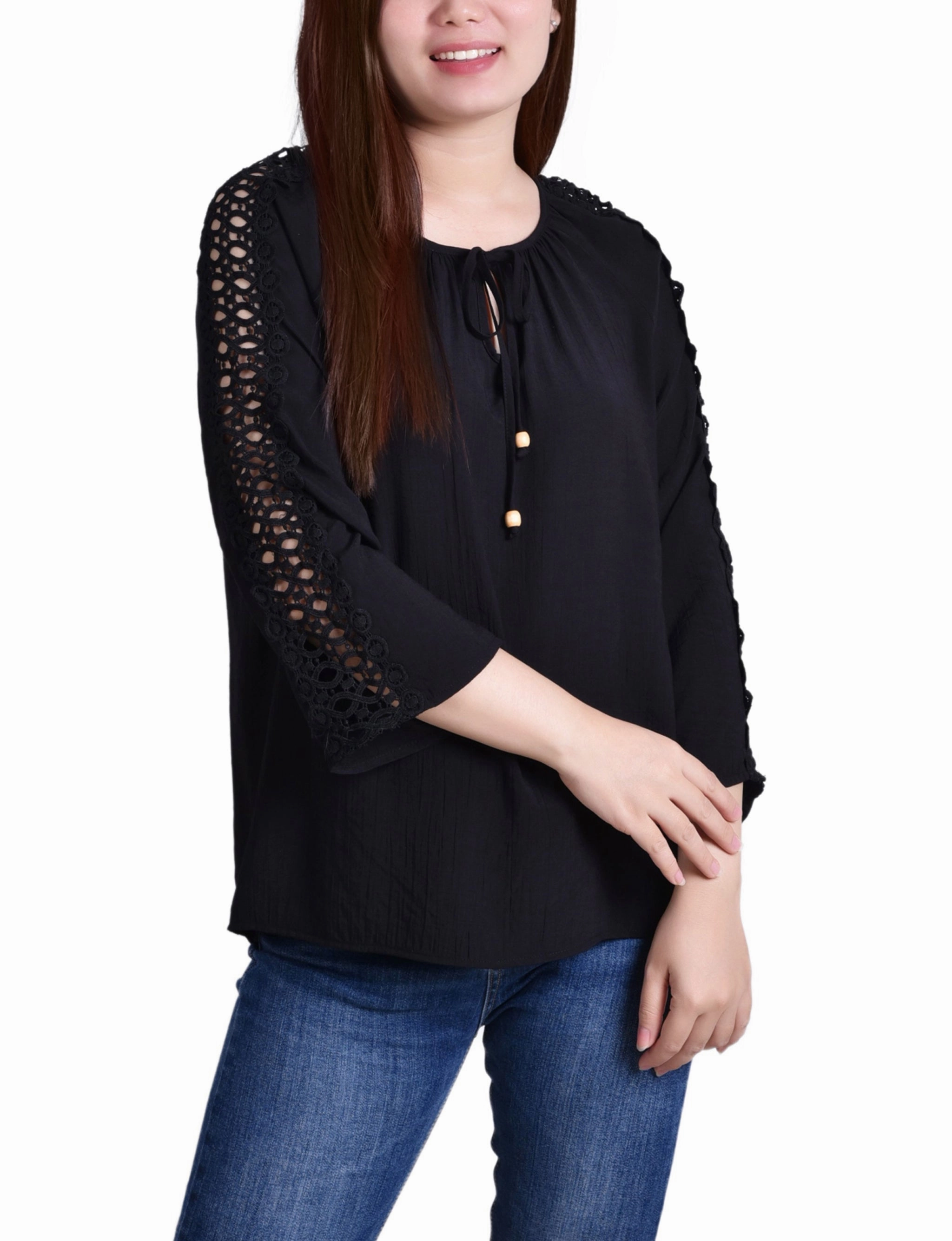 3/4 Sleeve Crochet Detail Blouse Layered Ventilation Zones