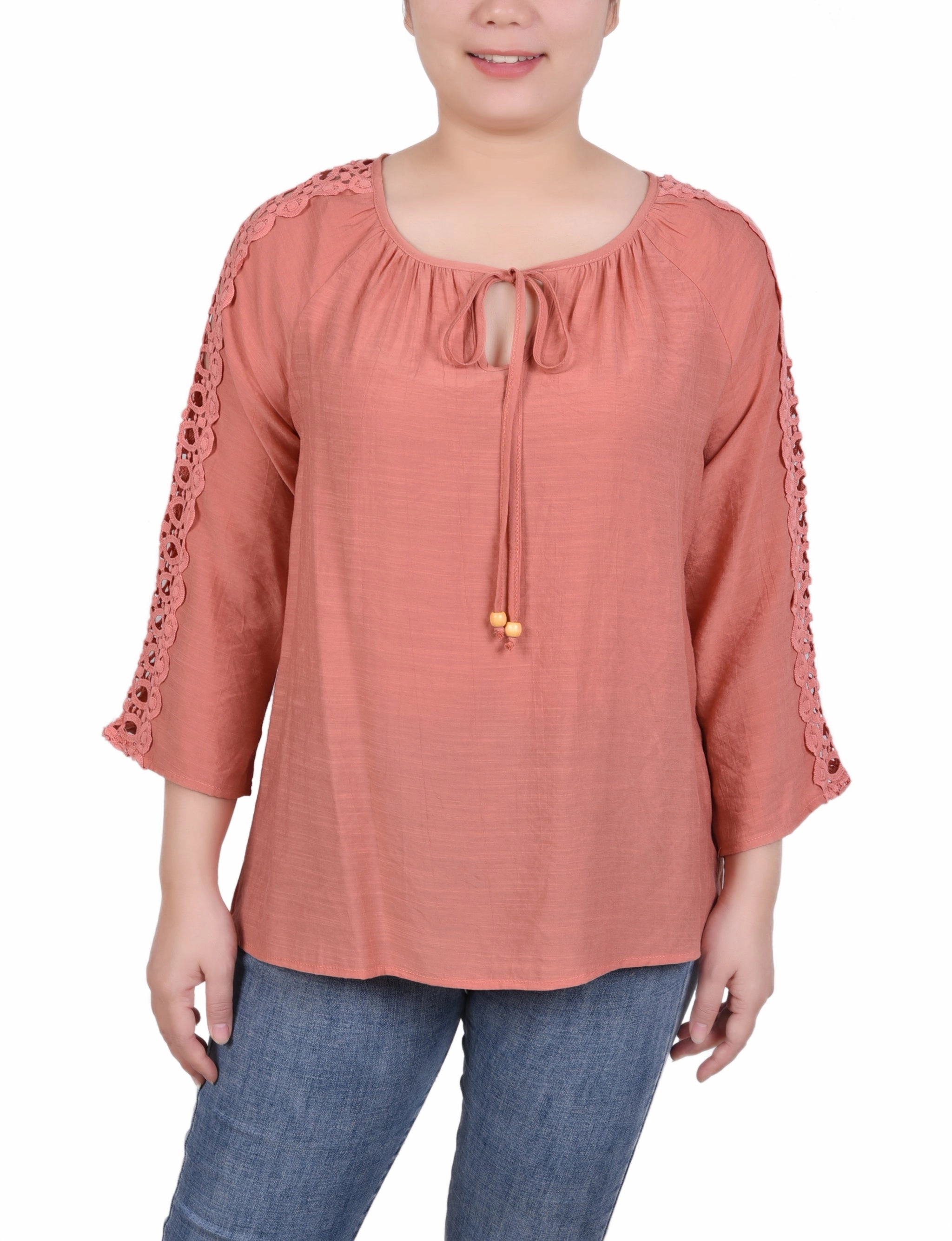 FlatlockSeamTechnique Ribbed Trims 3/4 Sleeve Crochet Detail Blouse