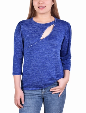 3/4 Sleeve Cutout Neck Top With Studs Casual Sweater