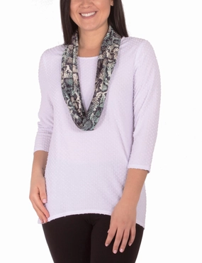 3/4 Sleeve Jewel Neck Top With Scarf Basic Tee FlexibleElasticatedEdging