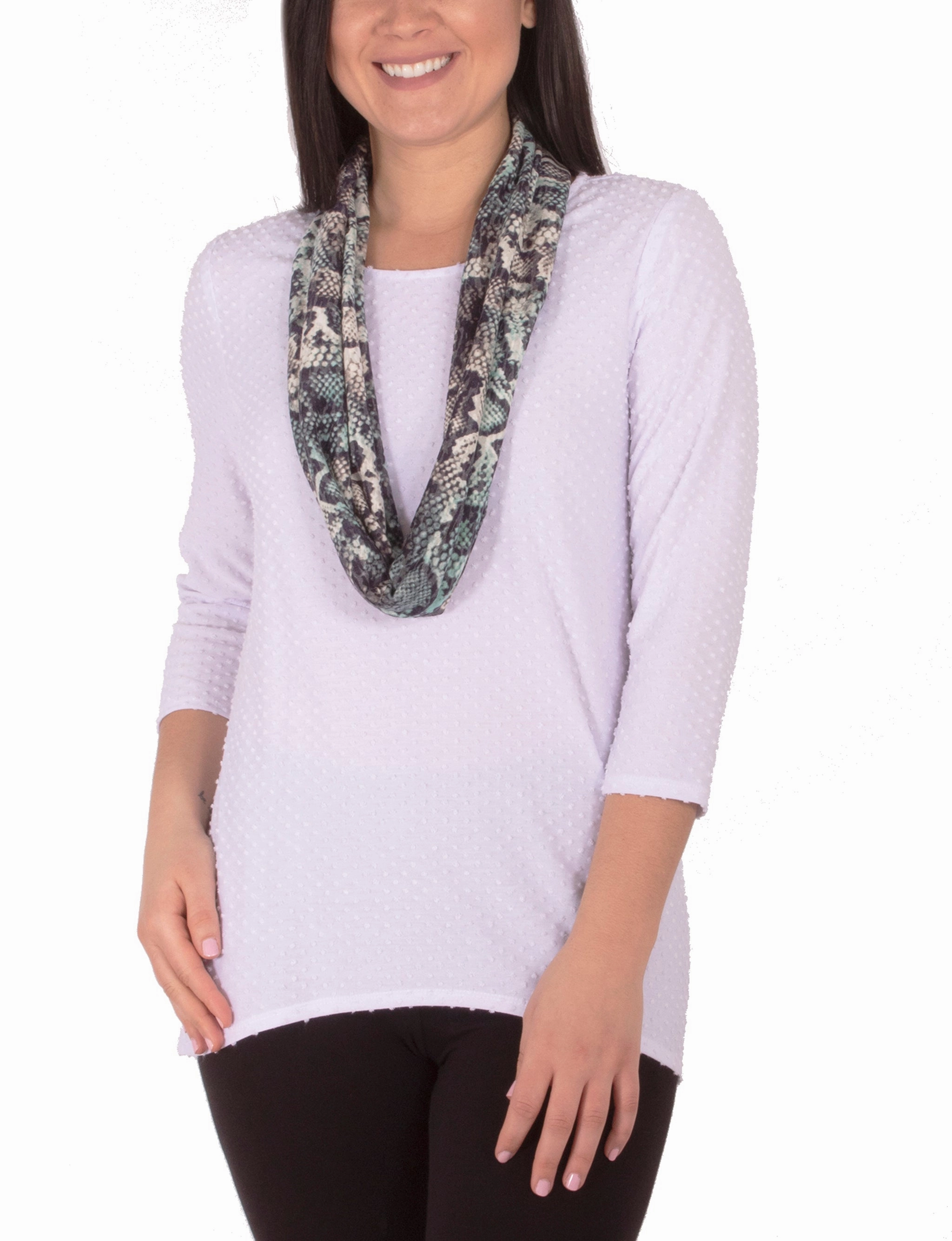 3/4 Sleeve Jewel Neck Top With Scarf Basic Tee FlexibleElasticatedEdging