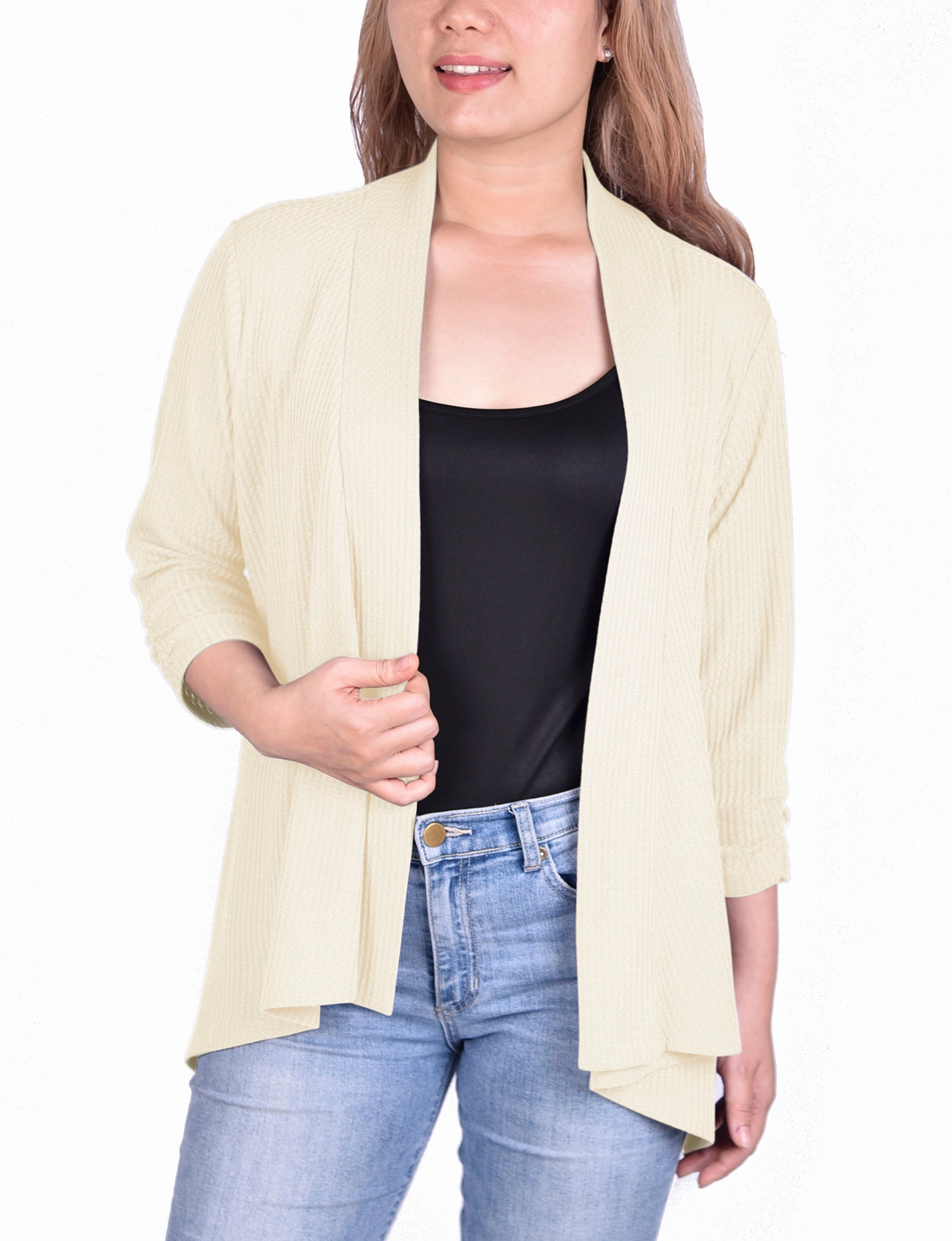 TearResistant Lightweight Material 3/4 Sleeve Open Front Waffle Weave Cardigan