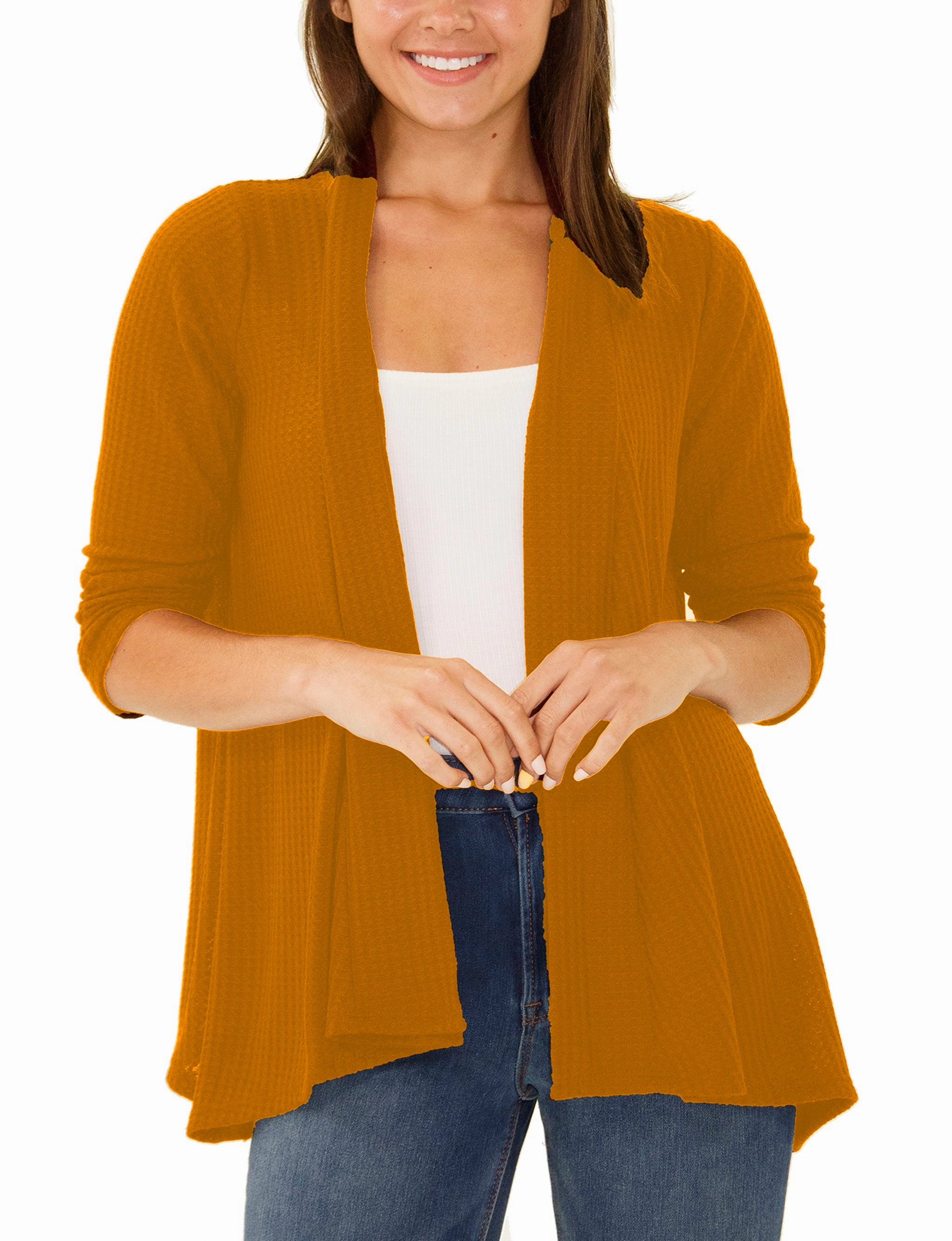 3/4 Sleeve Open Front Waffle Weave Cardigan Soft Touch Blend Tagless Neckline Design