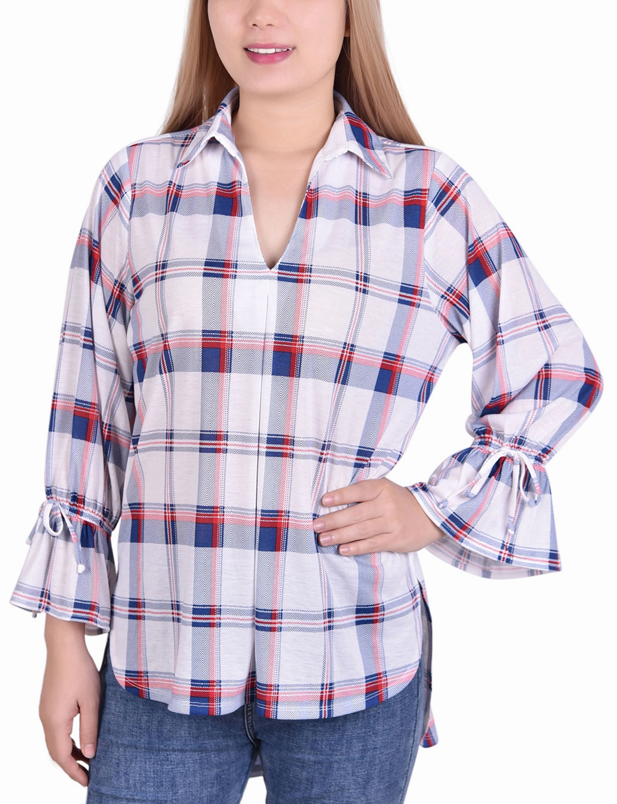 Office Look 3/4 Sleeve Plaid Jersey Hi Low Hem Blouse