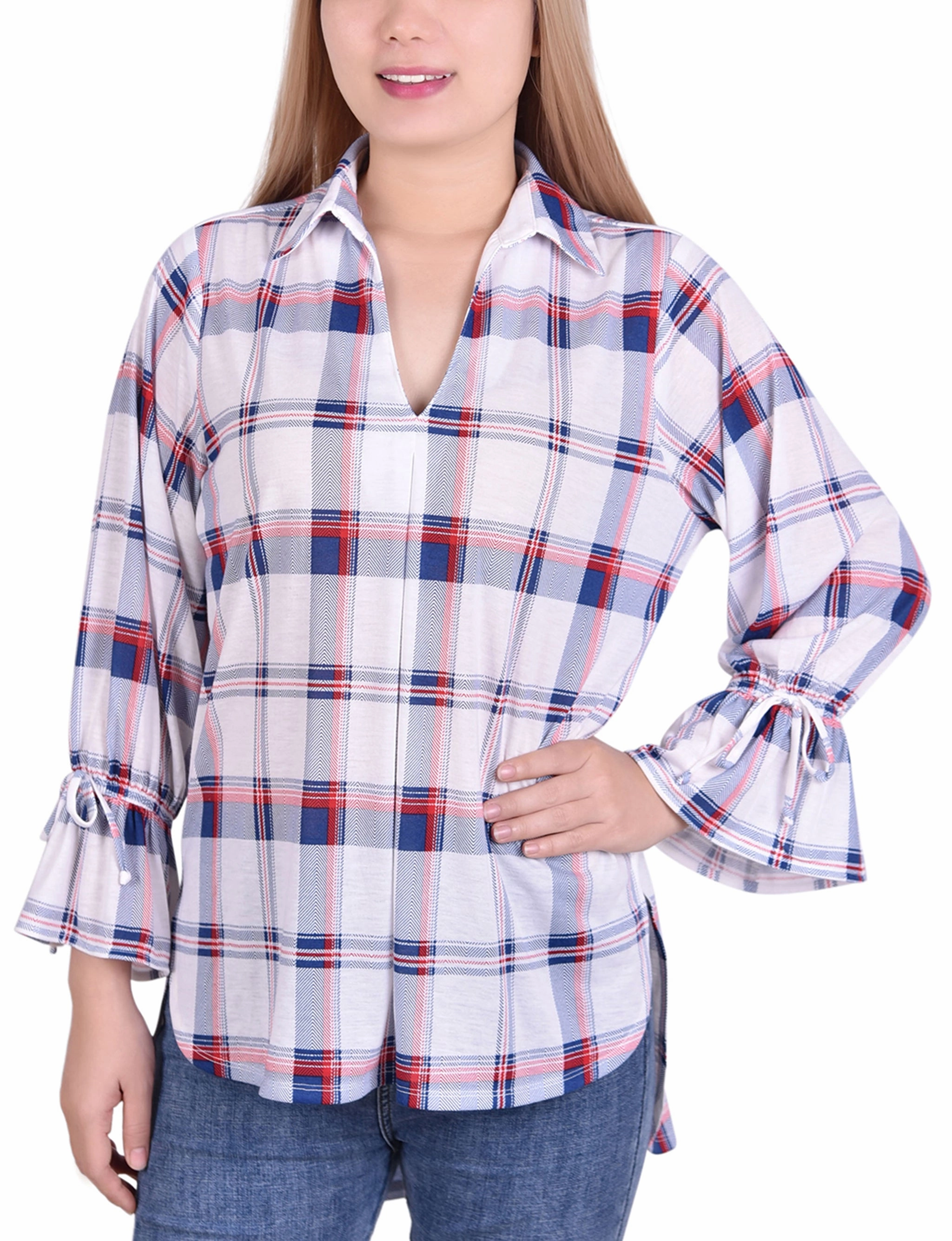 3/4 Sleeve Plaid Jersey Hi Low Hem Blouse Tagless Neckline