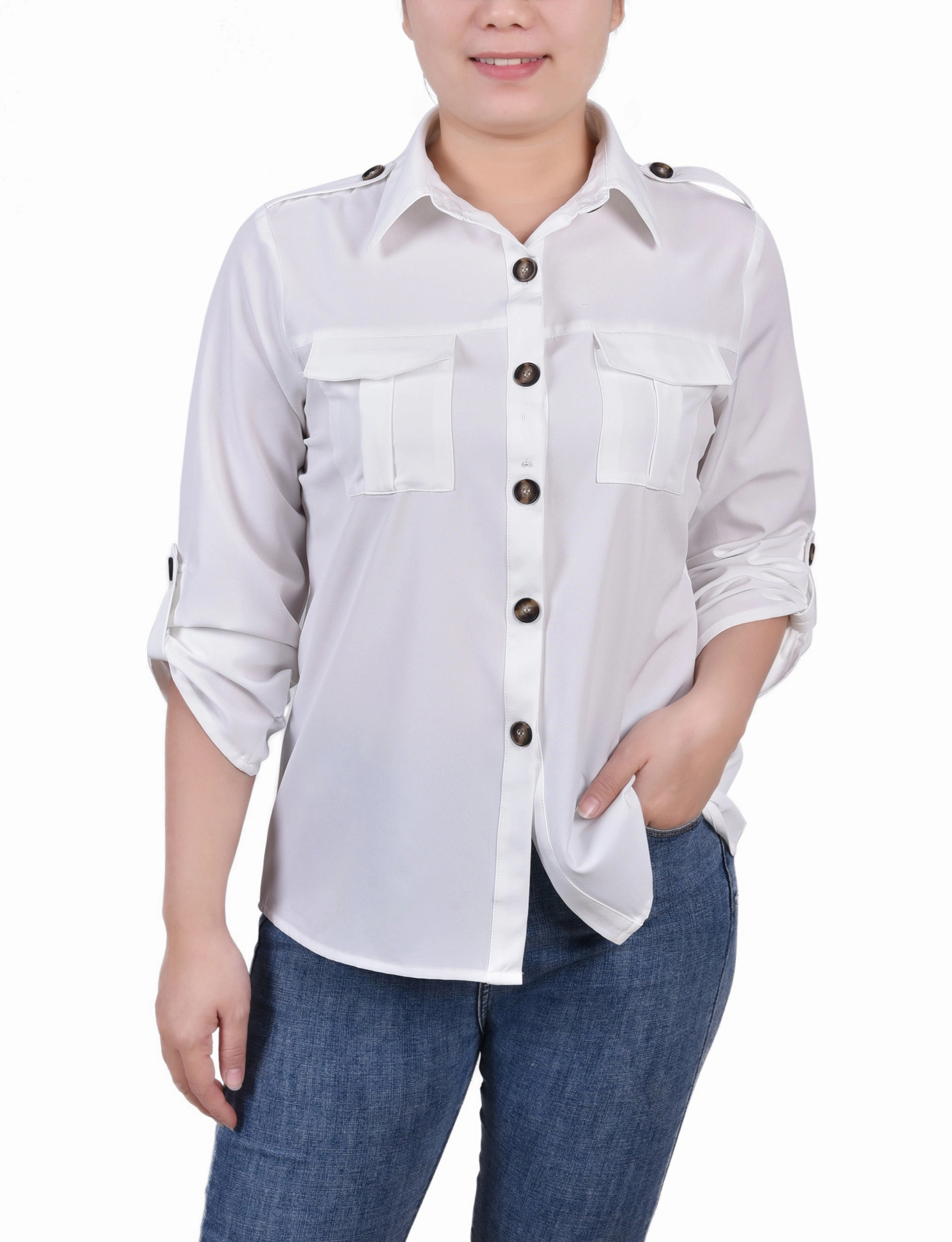 CrewNeck Bonded Seam Technique 3/4 Sleeve Roll Tab Blouse