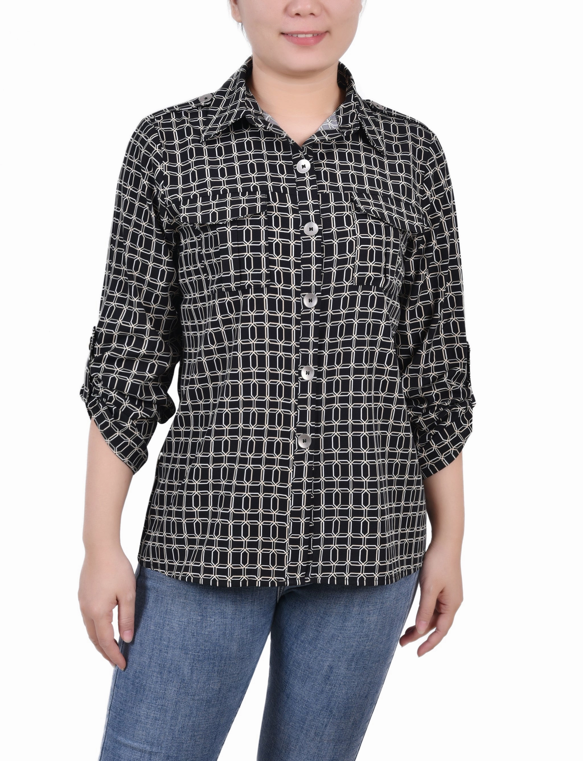 All Day Comfort 3/4 Sleeve Roll Tab Blouse