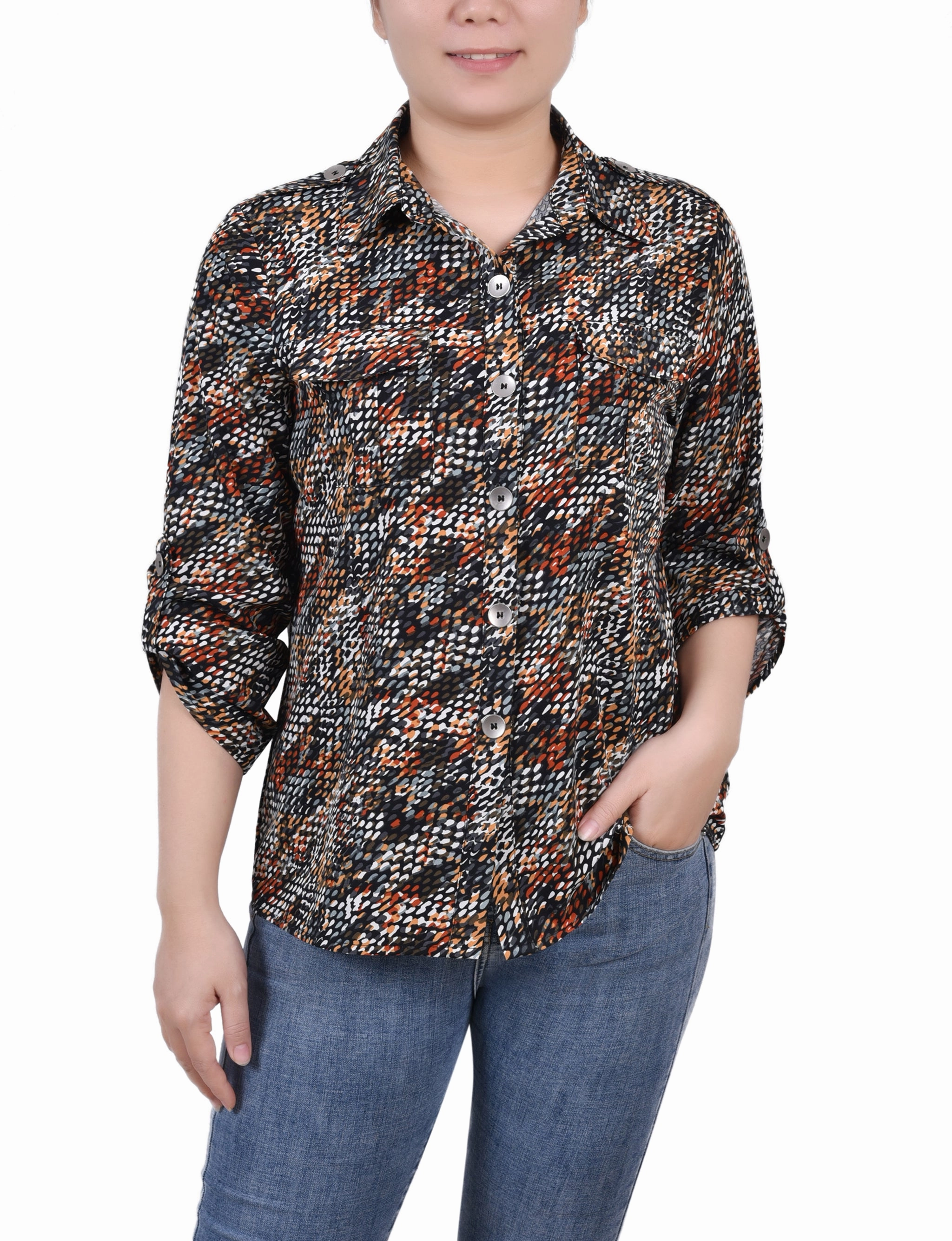 3/4 Sleeve Roll Tab Blouse LayeredPanel