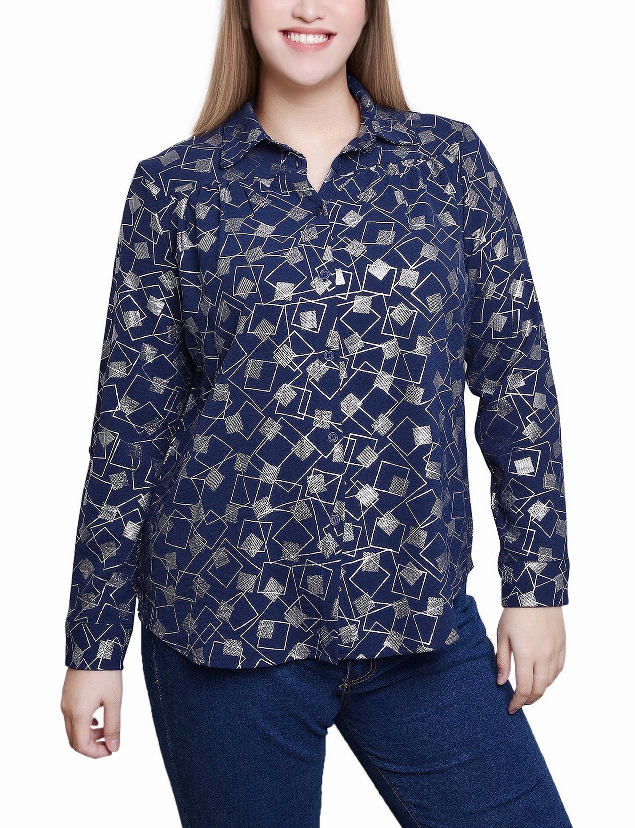 Buttery Soft Handfeel 3/4 Sleeve Roll Tab Foil Print Blouse