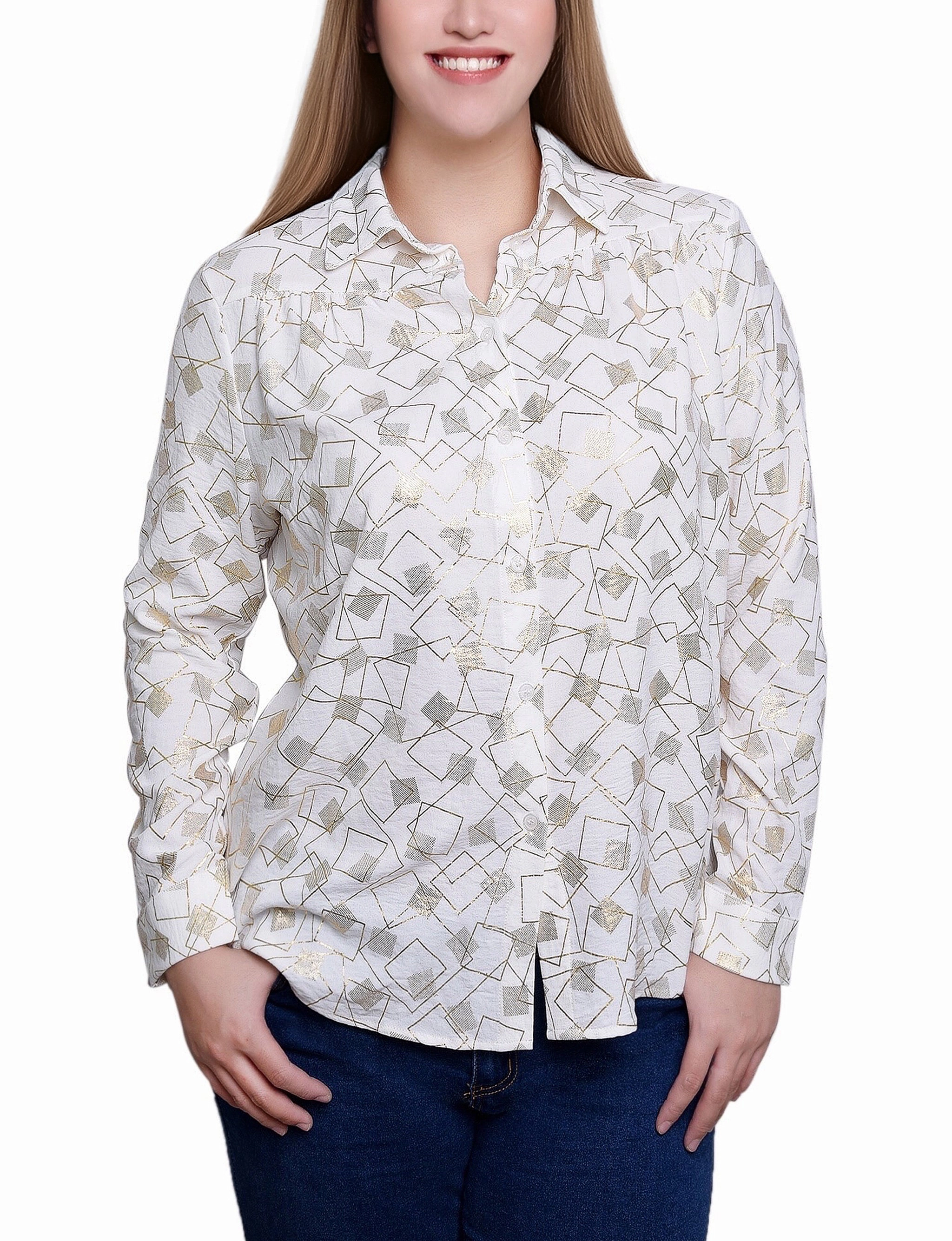 3/4 Sleeve Roll Tab Foil Print Blouse Soft Inner Lining AbrasionResistant Surface