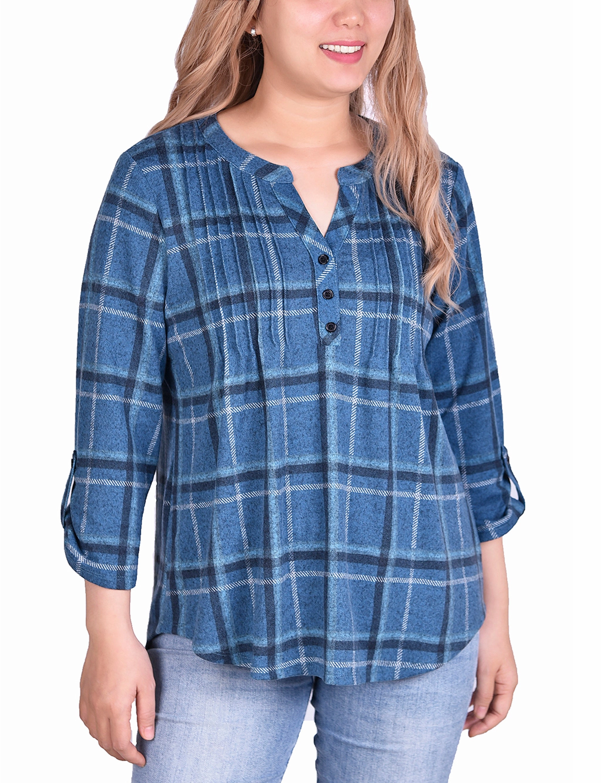 Eco Dye Process Summer Polo 3/4 Sleeve Roll Tab Pintucked Front Pullover Top