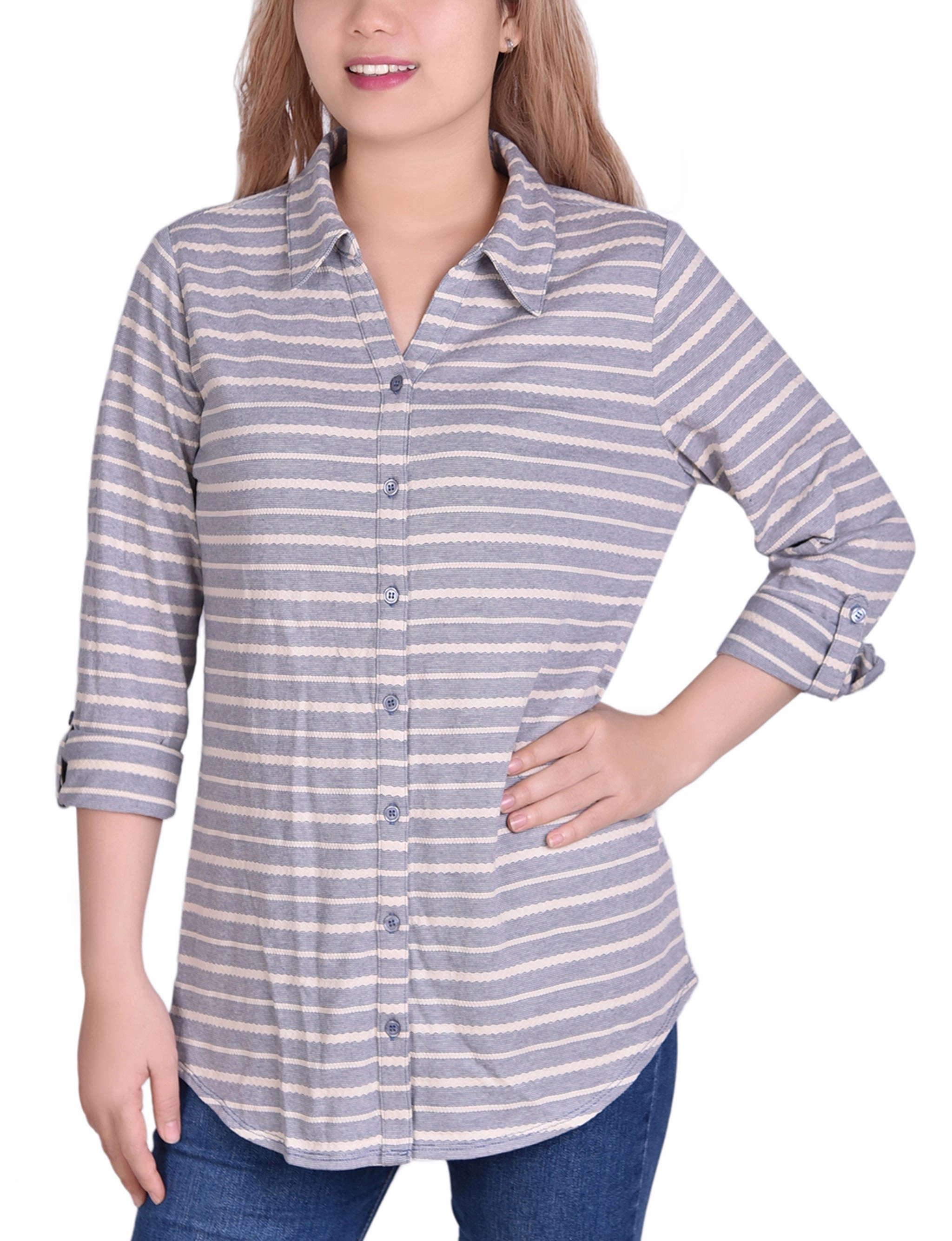NeutralPalette 3/4 Sleeve Roll Tab Striped Jacquard Blouse