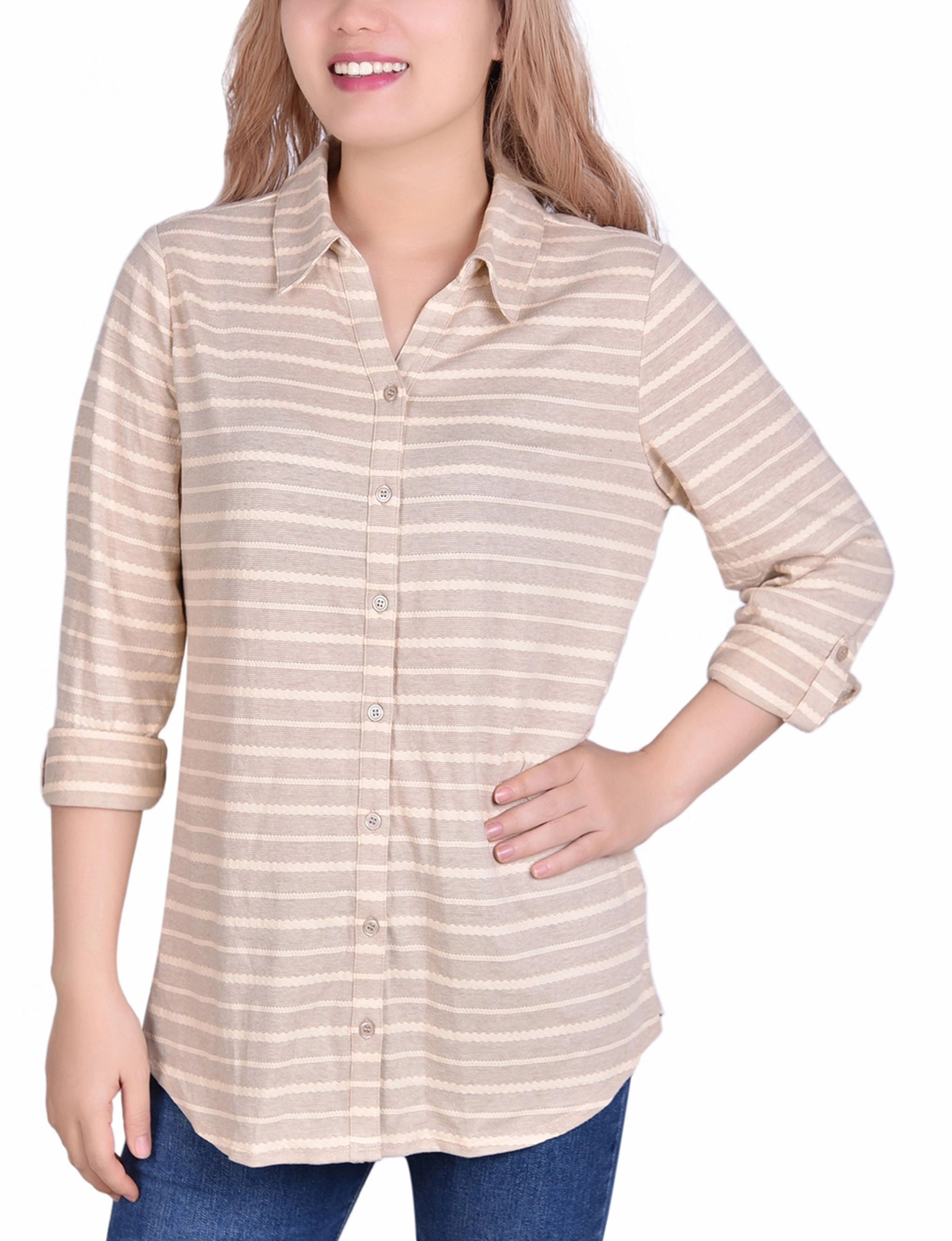 3/4 Sleeve Roll Tab Striped Jacquard Blouse Friction Resistant Shoulder Drop Shoulder Cut