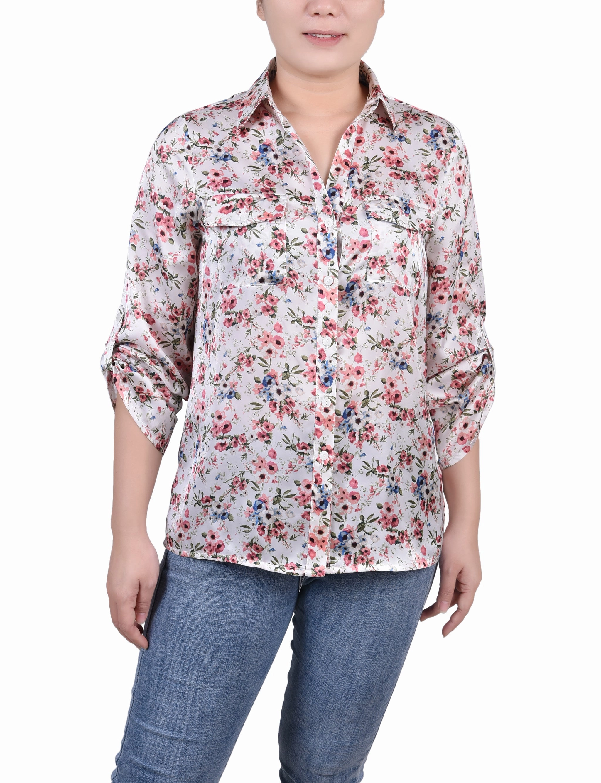 OdorResistant Fabric Smooth Seam Transition 3/4 Sleeve Satin Blouse