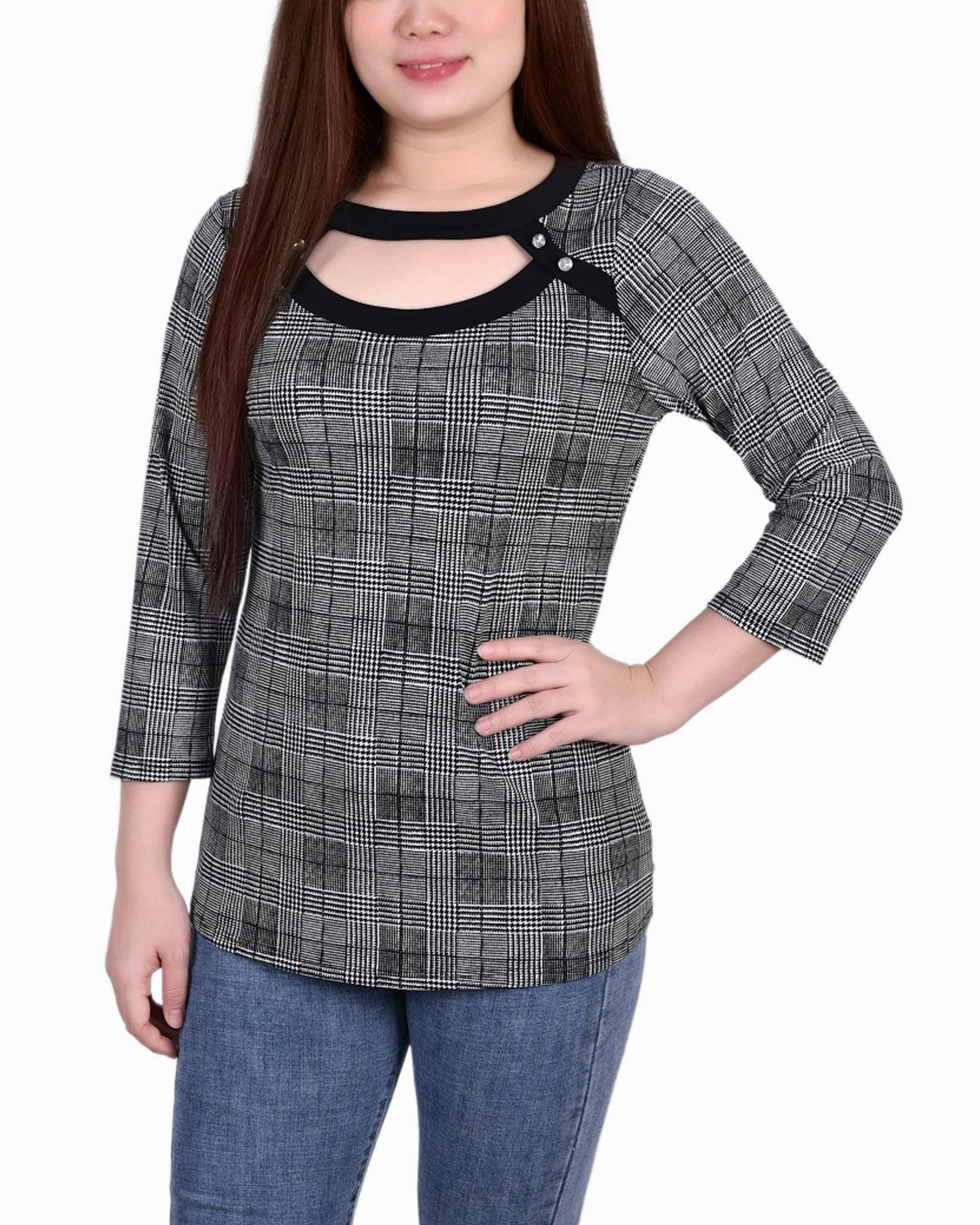 Odor Resistant Material 3/4 Sleeve Top With Combo Bands And Front Cutout