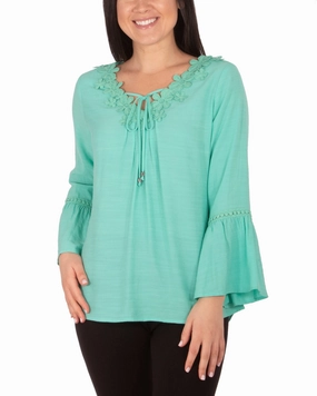 Temperature Regulating Fabric 3/4 Sleeve V Neck Blouse With Crochet Trim And Tie