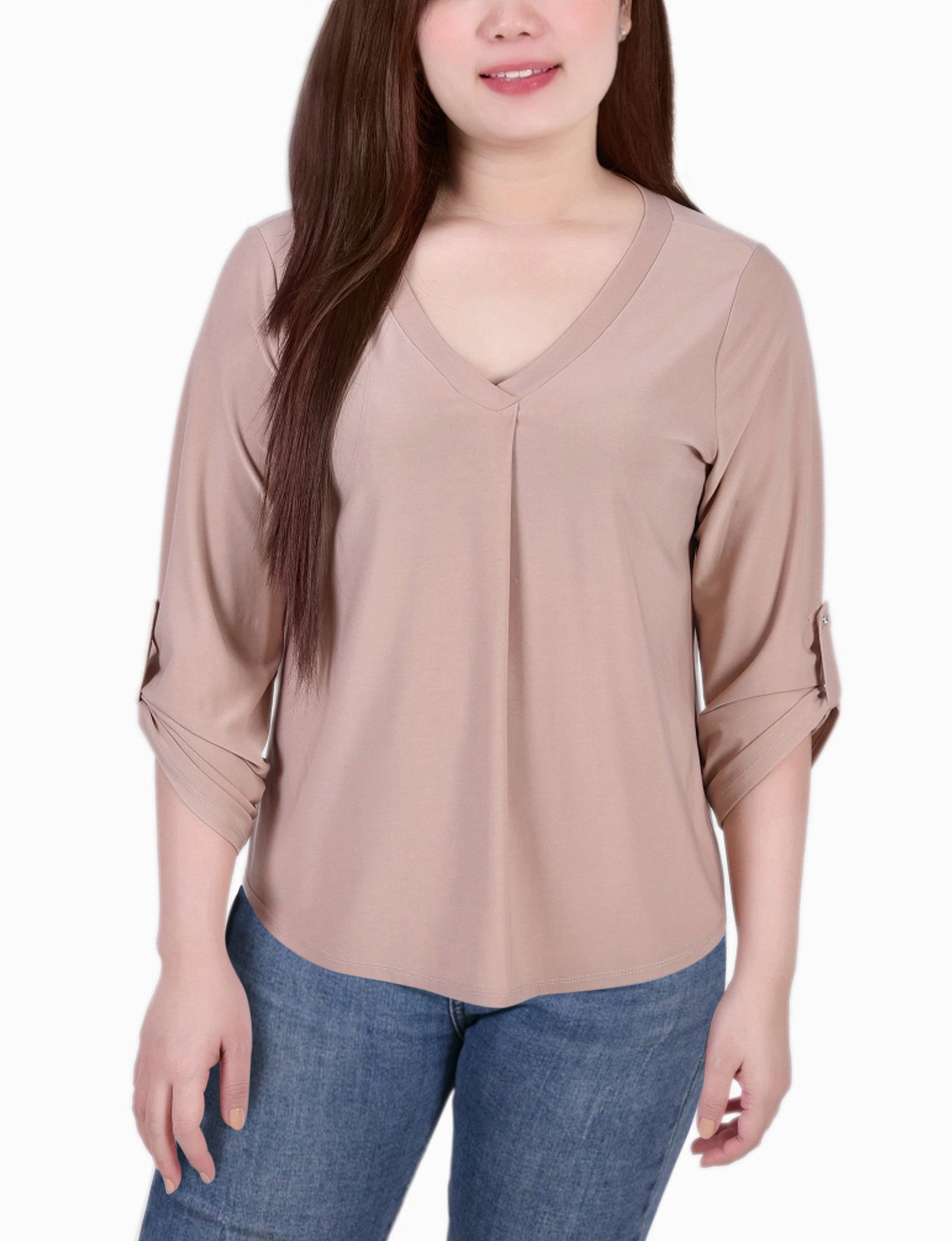 Shape Retention Fabric TaglessCollars 3/4 Sleeve V Neck Top