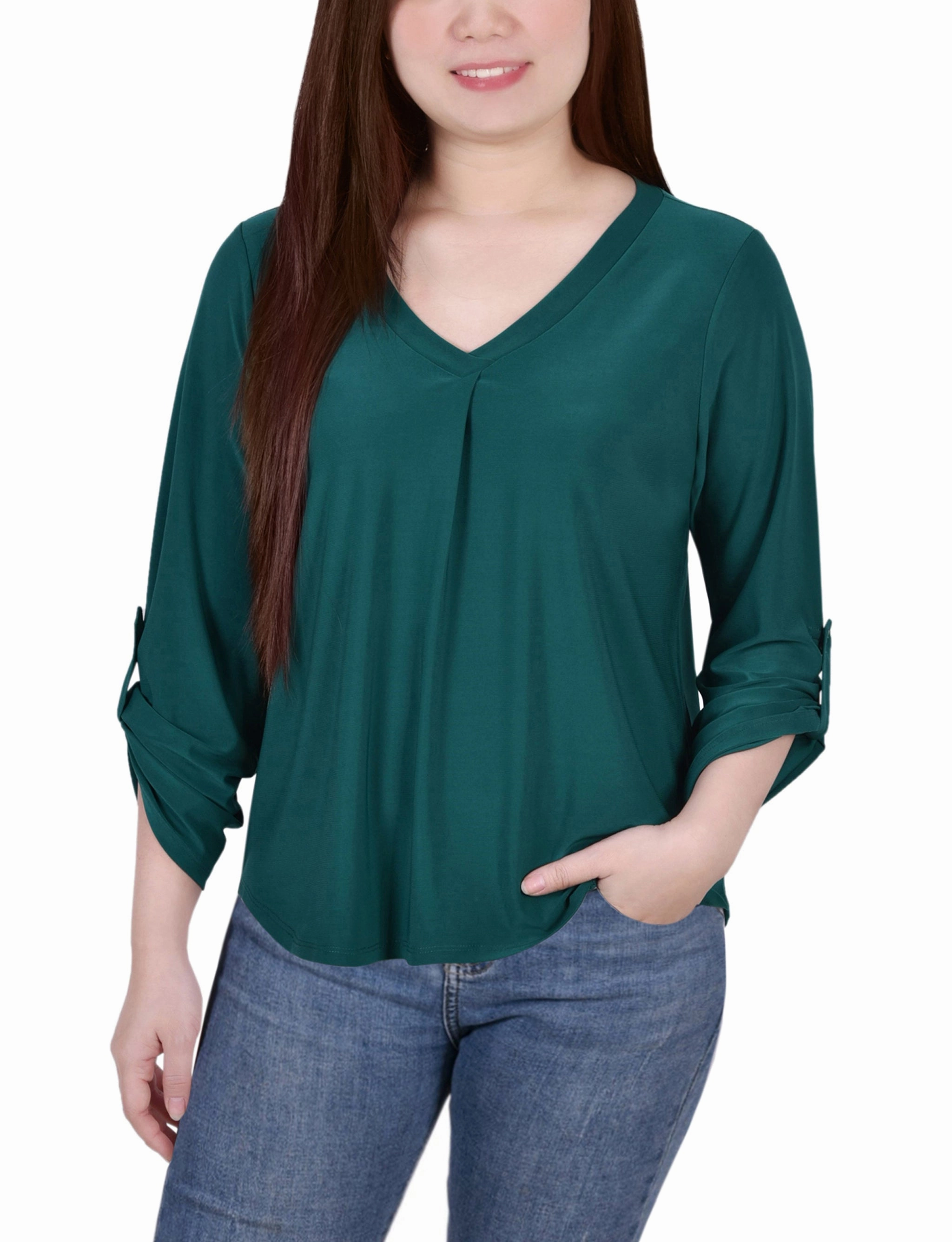 3/4 Sleeve V Neck Top Multi Directional Zipper Placement