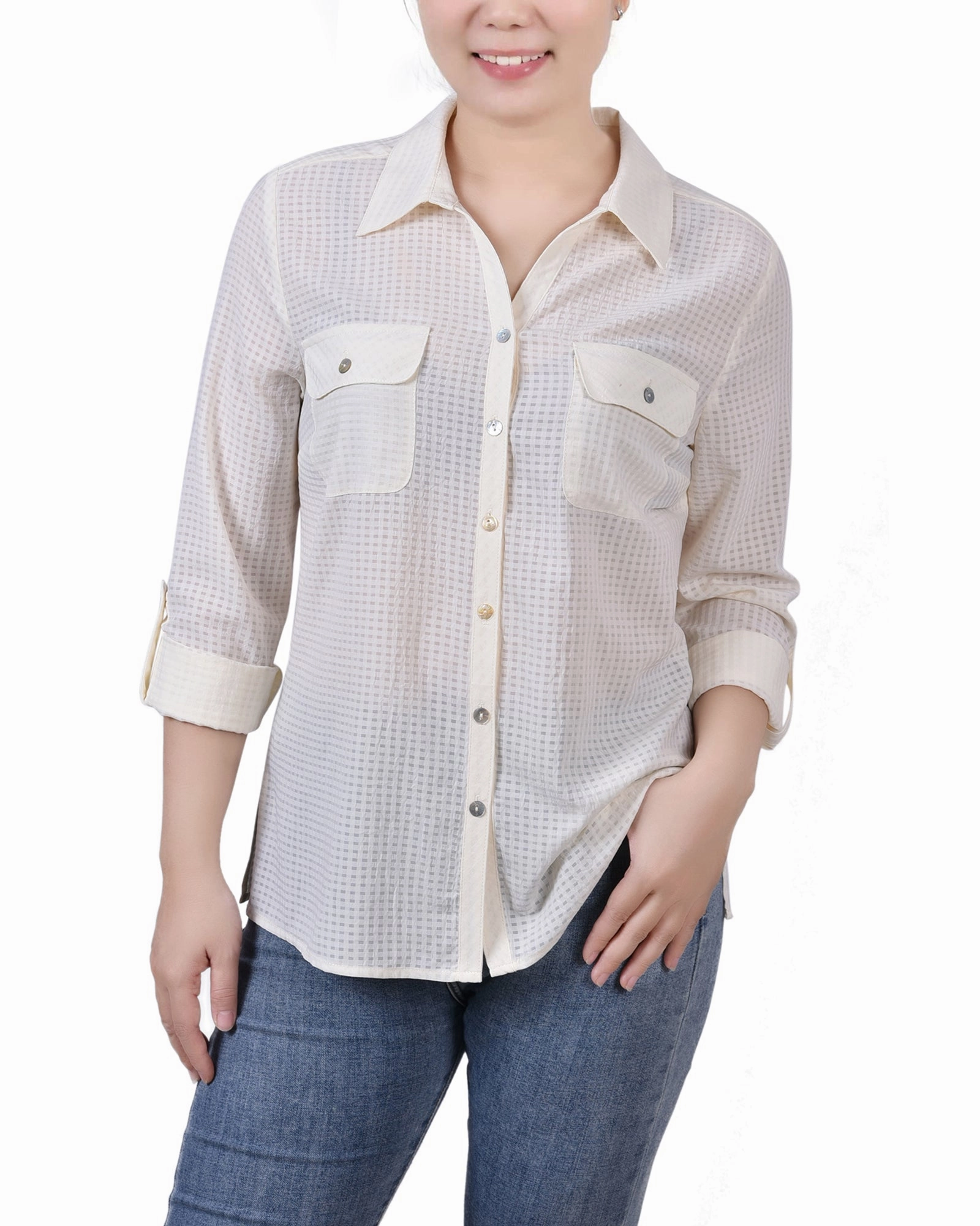 Casual Blouse ConvertibleStyle 3/4 Sleeve Windowpane Blouse