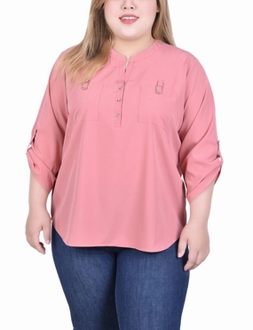 Durable Reinforced Shoulders 3/4 Tabbed Sleeve Y Neck Blouse