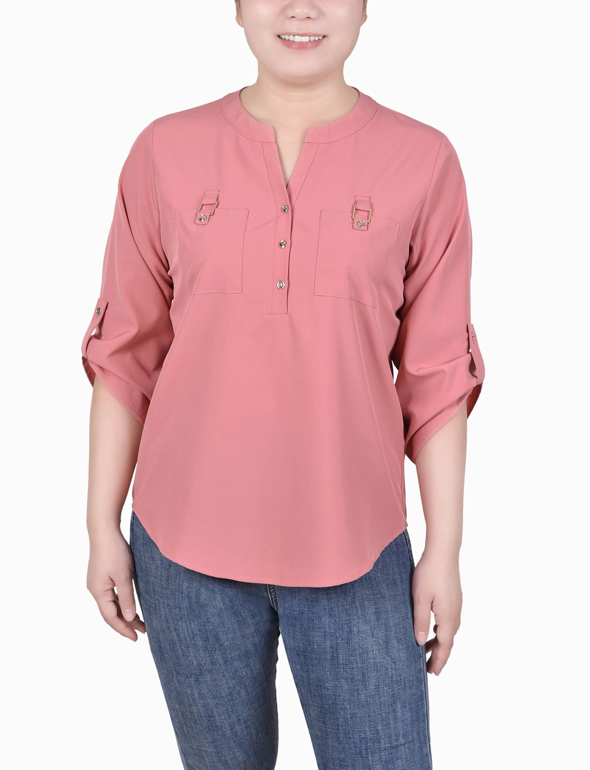 Trendy Look 3/4 Tabbed Sleeve Y Neck Blouse