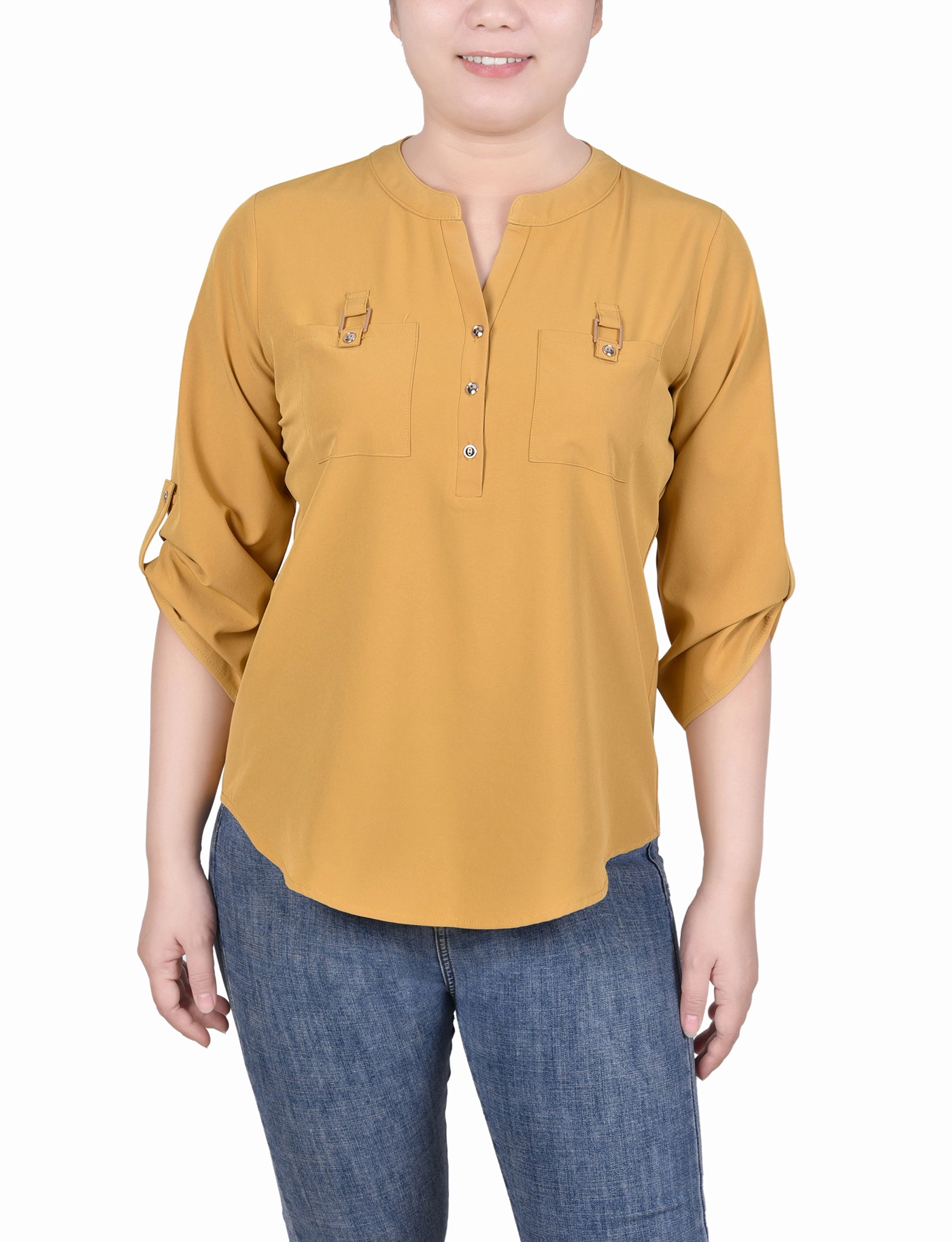 3/4 Tabbed Sleeve Y Neck Blouse UV Protective Coating