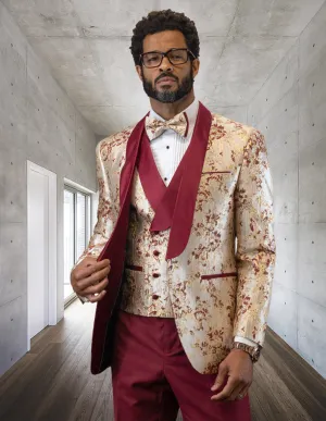 3pc Blush Shawl Lapel Tuxedo Fancy Jacket And Vest With Solid Color Pants Including Bow Tie| DELANO| Burgundy