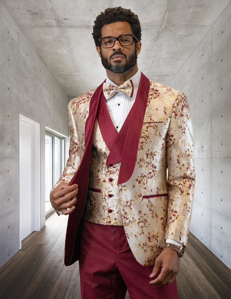3pc Blush Shawl Lapel Tuxedo Fancy Jacket And Vest With Solid Color Pants Including Bow Tie| DELANO| Burgundy