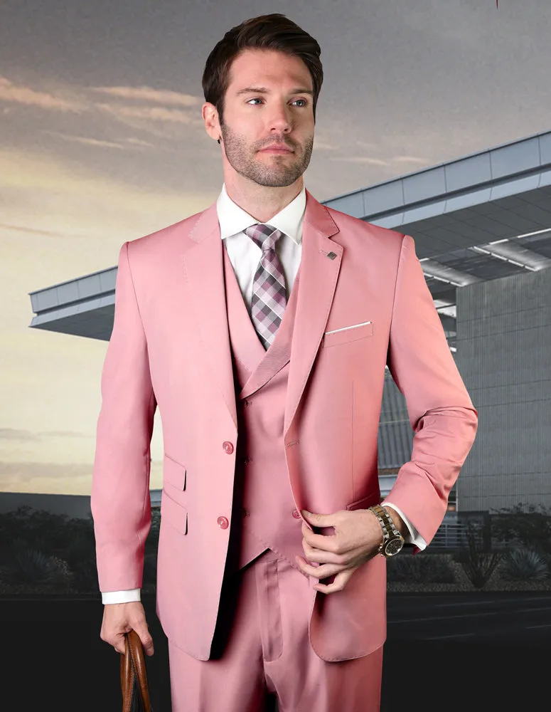 3pc Modern Fit Flat Front Pants With Double Breasted Vest. Super 180's Italian Wool Fabric | Zargala | Blush