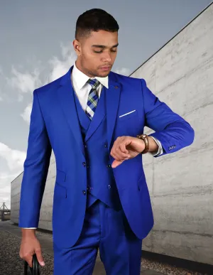 3pc Modern Fit Flat Front Pants With Double Breasted Vest. Super 180's Italian Wool Fabric | Zargala | Royalblue