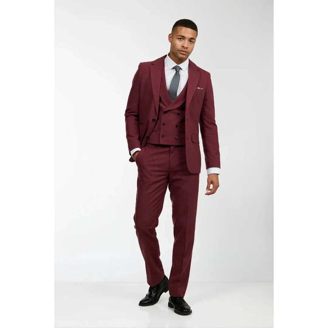57298-Eton - Men's Wool 3 Piece Burgundy Red Suit Double Breasted Wedding Party 1920s