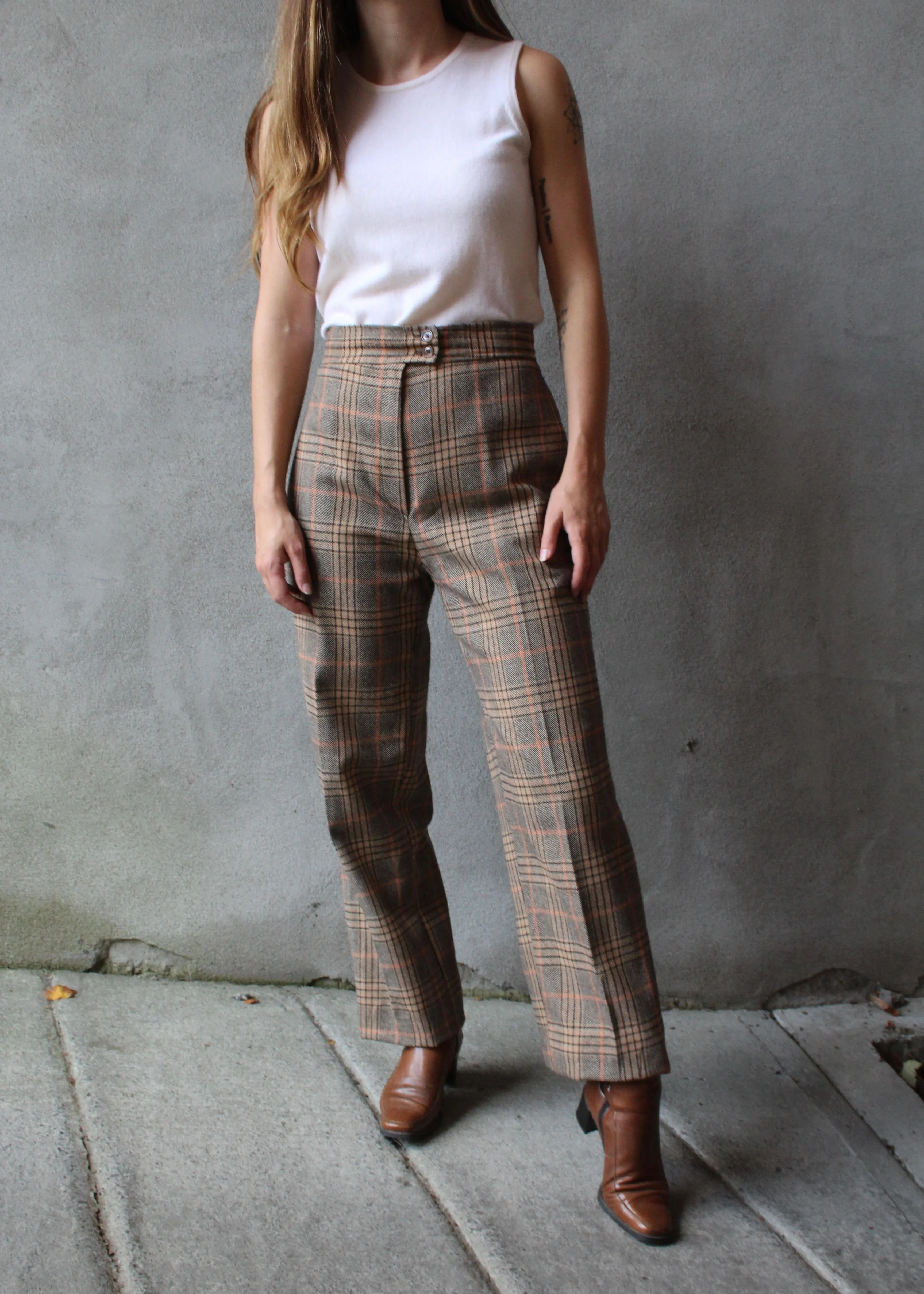 70s Plaid Wool-Blend Trousers - 29