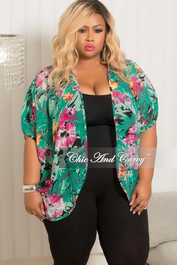 *Final Sale Plus Size Chiffon Cardigan in Green, Magenta,Orange and Black Chic Design Wear