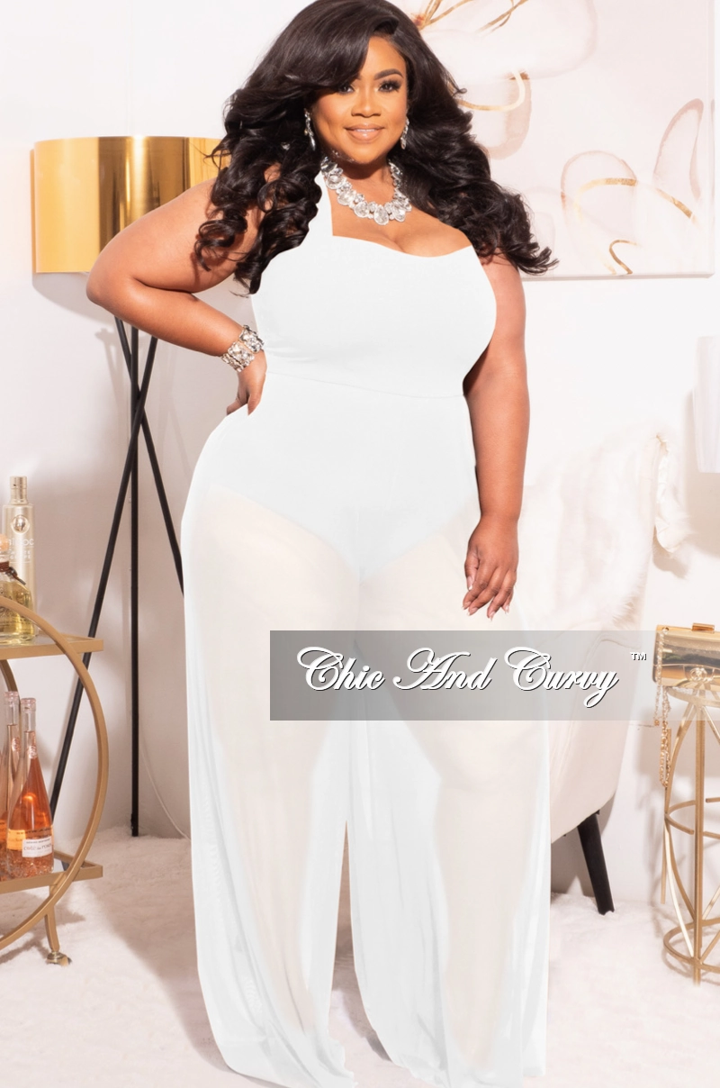 *Final Sale Plus Size Mesh Jumpsuit in White Comfort Layer