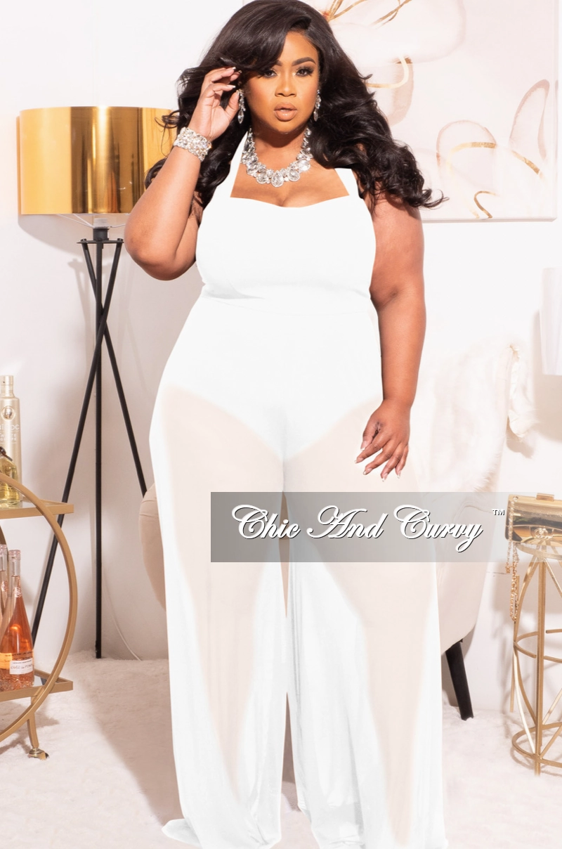 Weekend Comfort AntiPillingFabric *Final Sale Plus Size Mesh Jumpsuit in White