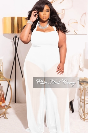 Weekend Comfort AntiPillingFabric *Final Sale Plus Size Mesh Jumpsuit in White