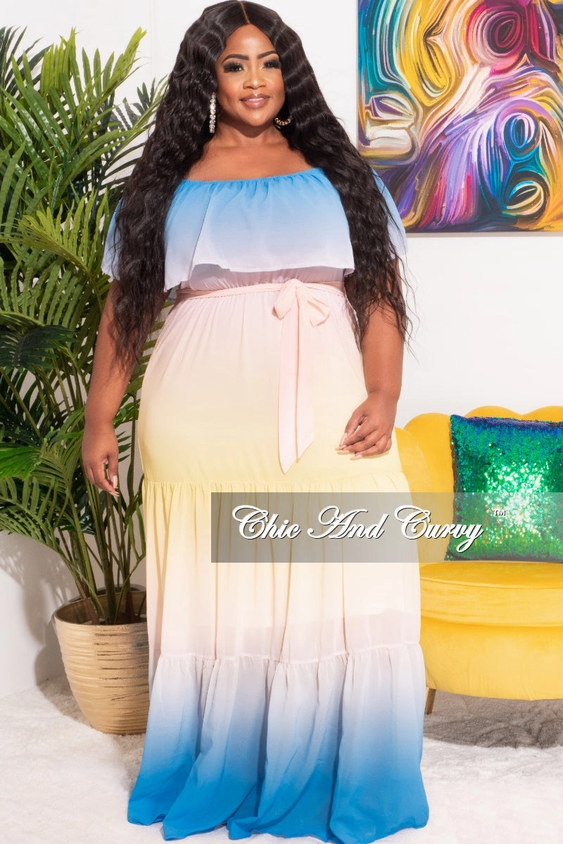Light Waist Fashion-Forward *Final Sale Plus Size Off The Shoulder Chiffon Maxi Dress in Yellow, Blue & Peach Ombre Summer