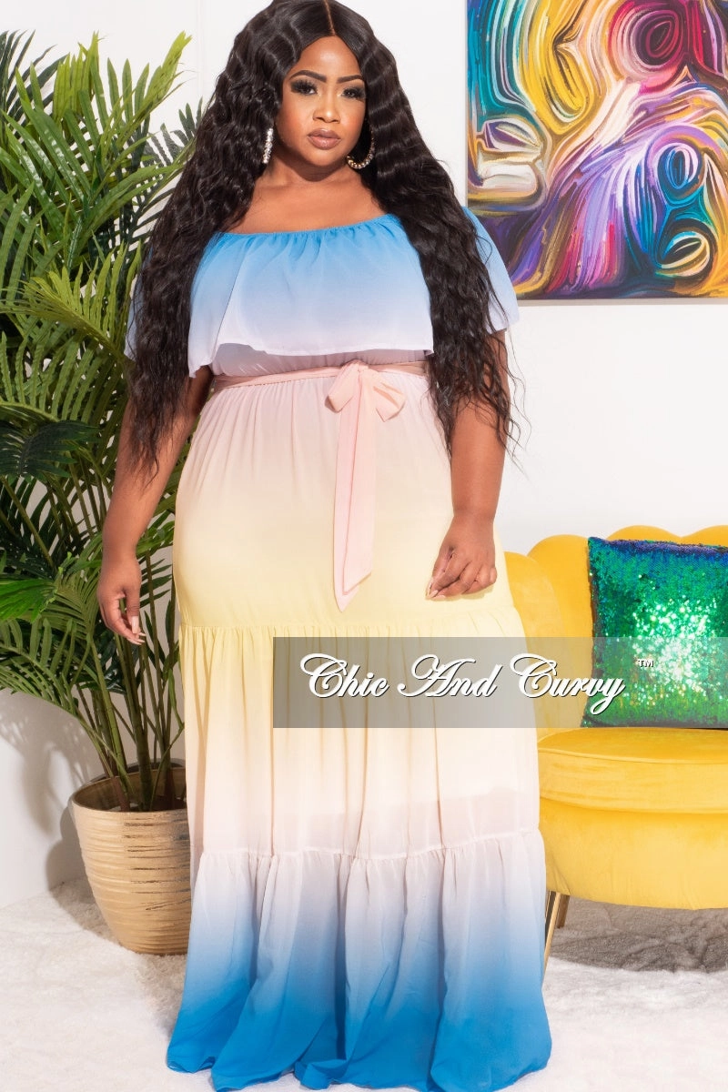 Boho chic Comfy Wardrobe *Final Sale Plus Size Off The Shoulder Chiffon Maxi Dress in Yellow, Blue & Peach Ombre Summer