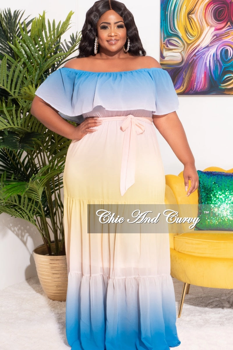 *Final Sale Plus Size Off The Shoulder Chiffon Maxi Dress in Yellow, Blue & Peach Ombre Summer Soft and Stretchy