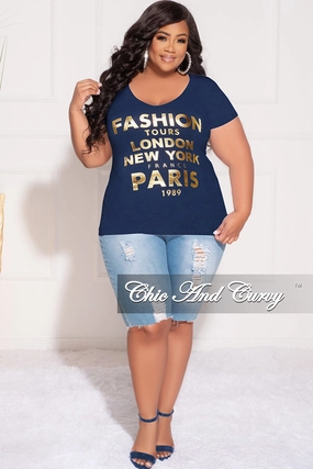 Friction Resistant Fabric Light Shape *Final Sale Plus Size "Fashion Tour" T-Shirt in Navy and Gold
