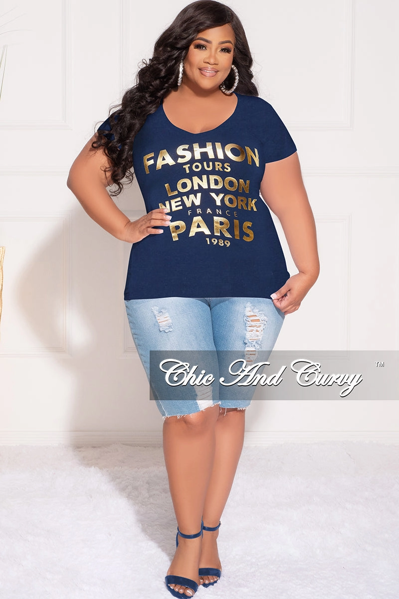 Cooling Fabric Form Fit Comfort *Final Sale Plus Size "Fashion Tour" T-Shirt in Navy and Gold