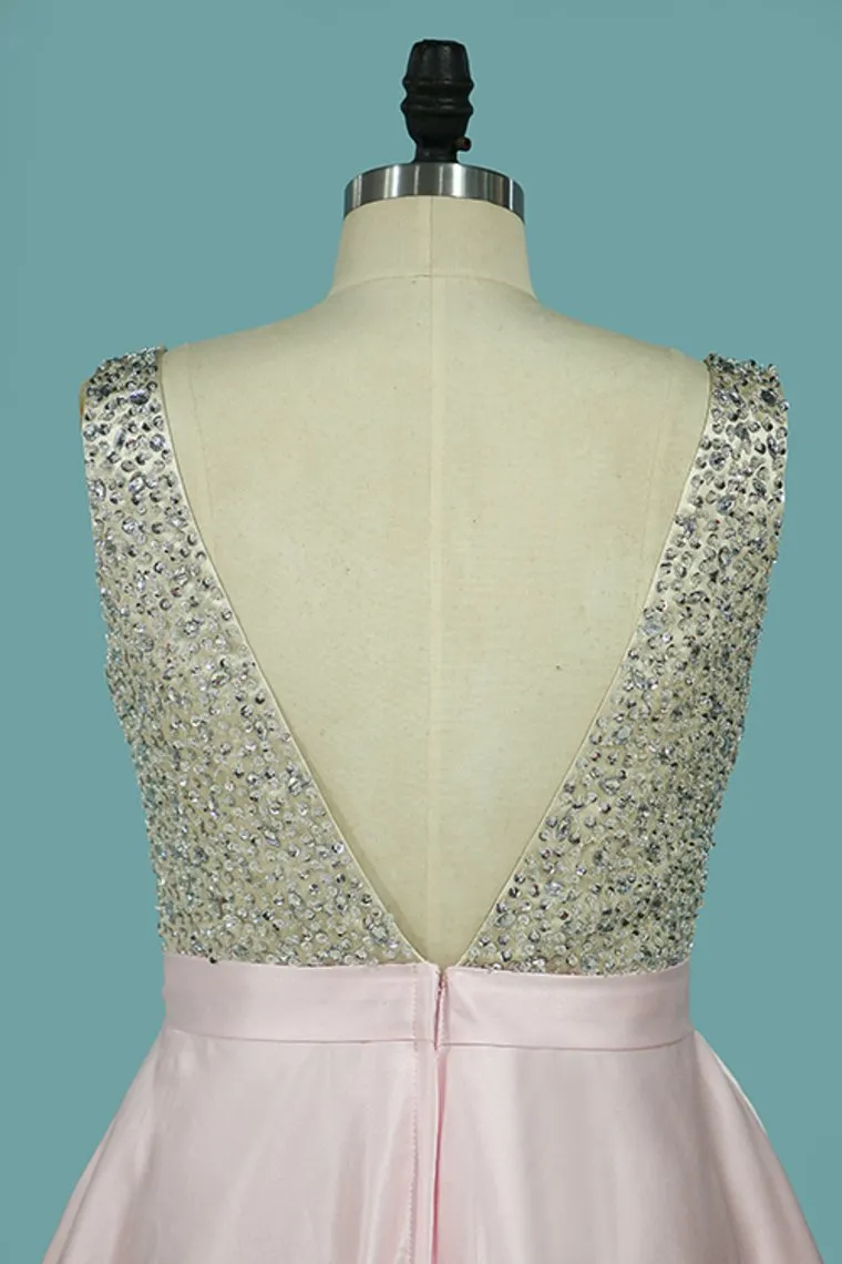 A-Line Prom Dresses Beaded Bodice Satin A Line Open Back