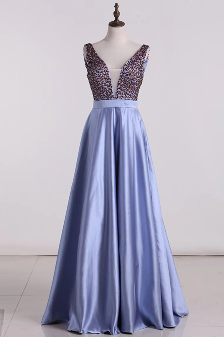 A-Line Prom Dresses Beaded Bodice Satin A Line Open Back