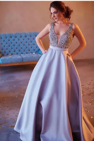 A-Line Prom Dresses Beaded Bodice Satin A Line Open Back
