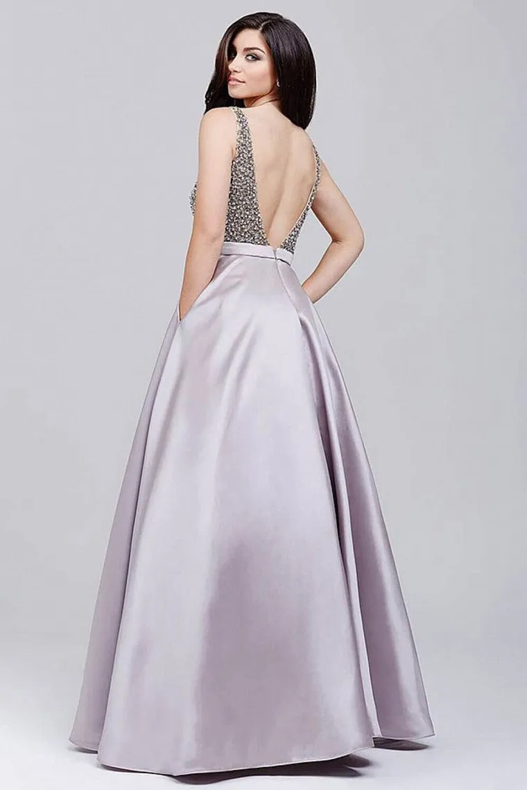 A-Line Prom Dresses Beaded Bodice Satin A Line Open Back