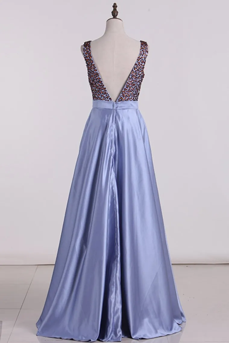A-Line Prom Dresses Beaded Bodice Satin A Line Open Back