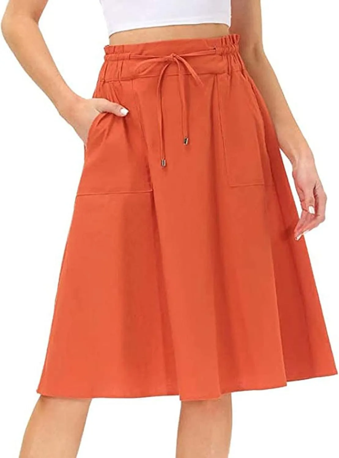 A Line Skirt for Women Solid Lightweight Drawstring High Elastic Waist Knee Length Summer Skirts 2025 Trendy Clothes