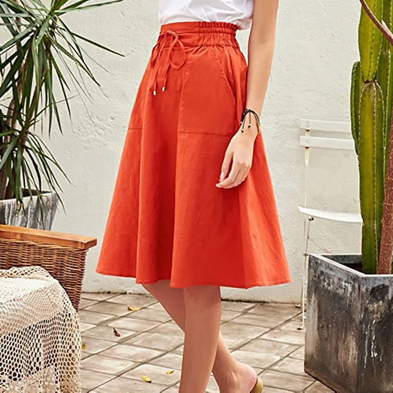 A Line Skirt for Women Solid Lightweight Drawstring High Elastic Waist Knee Length Summer Skirts 2025 Trendy Clothes