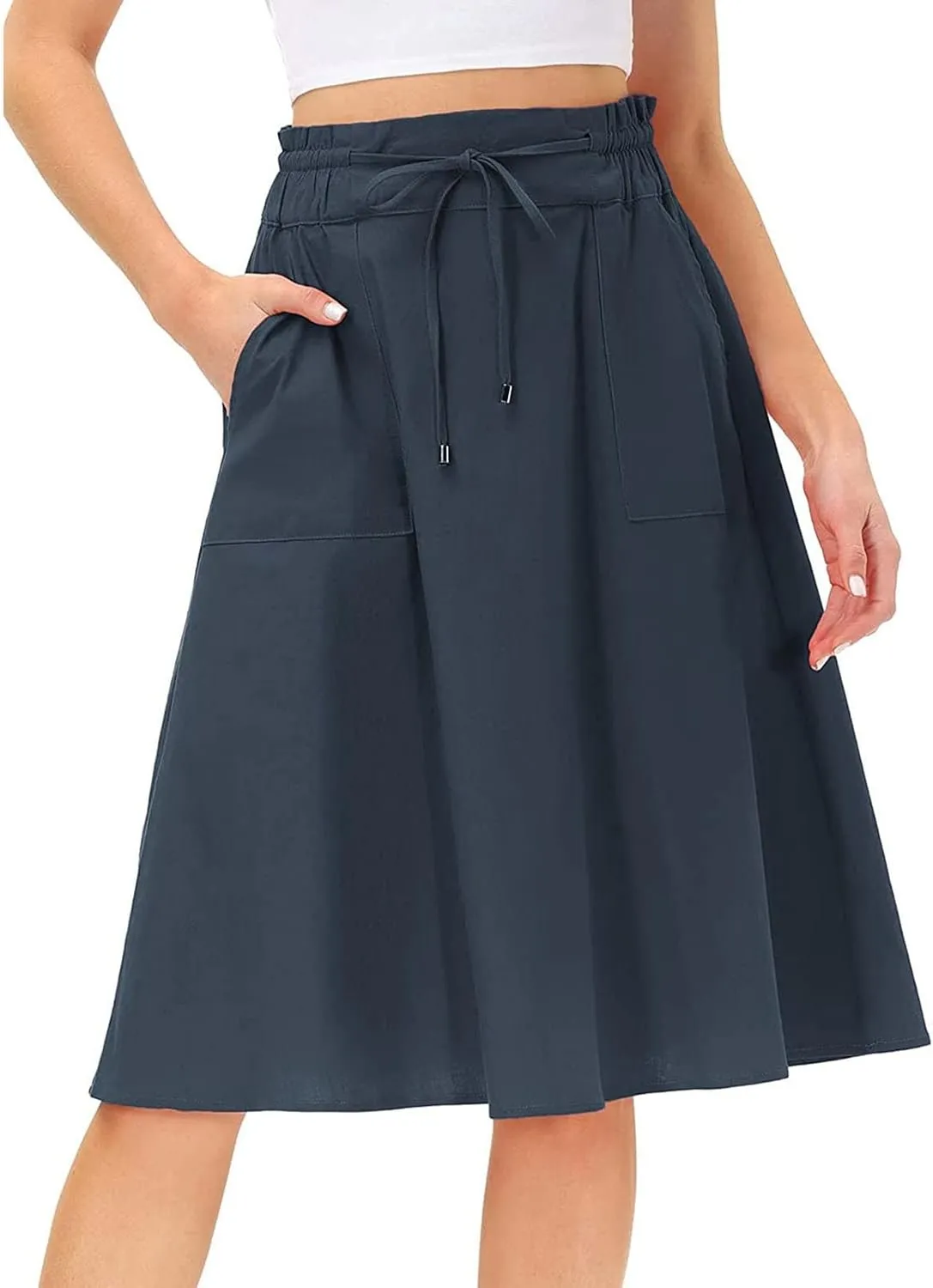 A Line Skirt for Women Solid Lightweight Drawstring High Elastic Waist Knee Length Summer Skirts 2025 Trendy Clothes
