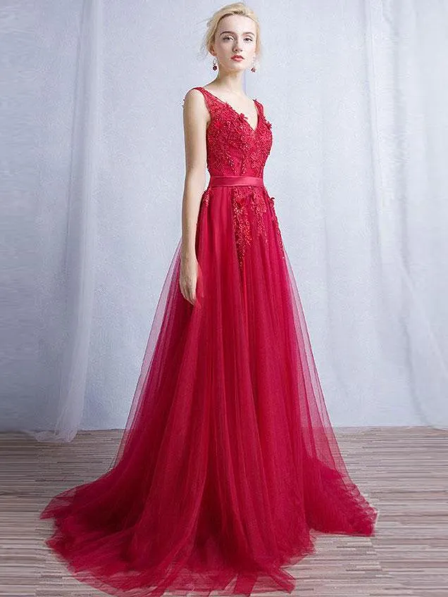 A-line V-neck Sweep Train Tulle Appliqued Beaded Red Prom Dresses 3015